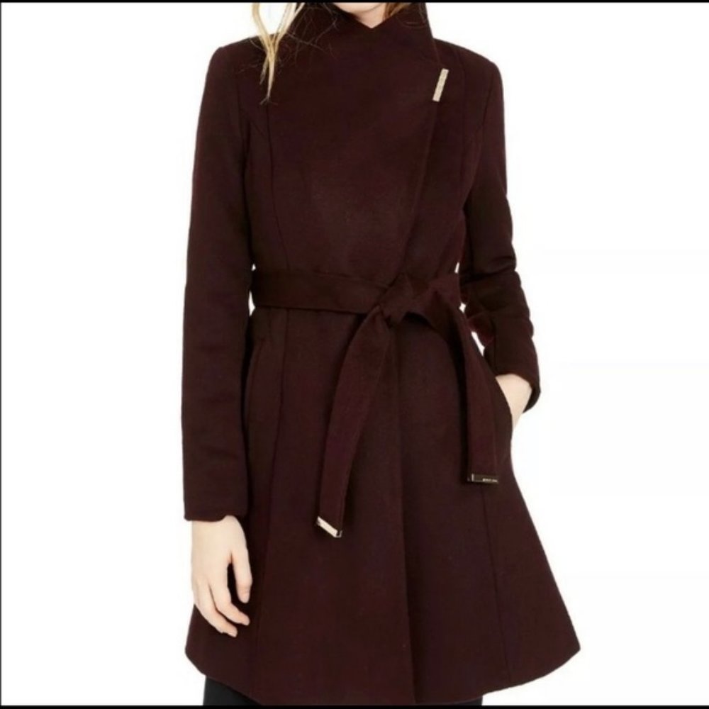 NWT Macy's Michael Kors Burgandy & Gold Asymmetrical Belted Wool Coat Sz 4